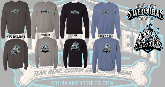Silver Queens Team Match Crewneck Sweatshirt color options front and back